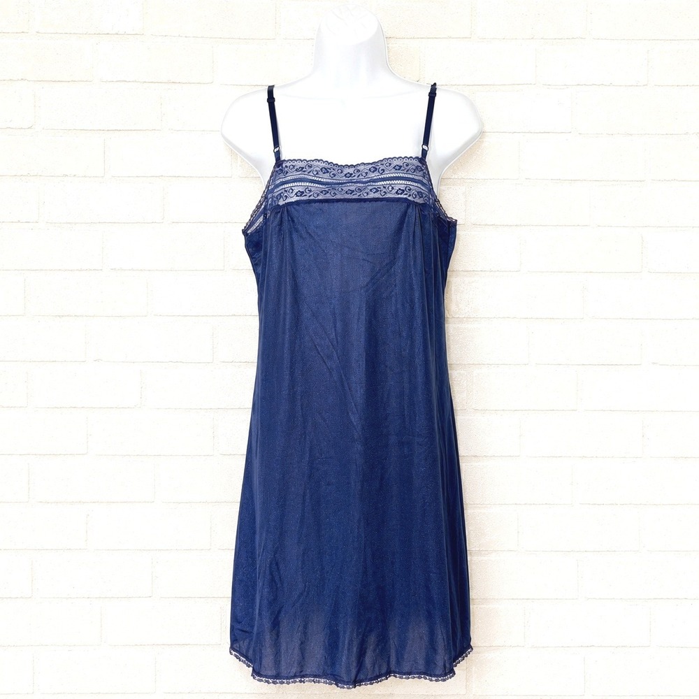 Vtg Navy Lace Trim Slip Dress Size 32 (S) Mini Coquette 90s Indie Sleaze Chemise